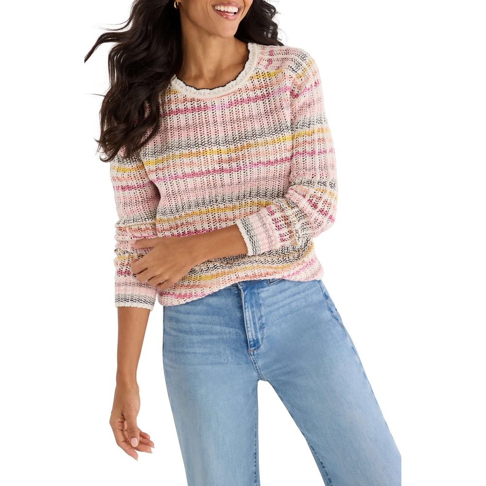 NIC+ZOE Women Pink Multi Stripe Open Knit Cotton Blend Sweater Large S261108